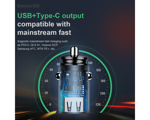 Автомобільний зарядний пристрій Baseus Circular Plastic QC 4.0 + PD3.0 30W USB + Type-C 5A Чорний